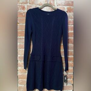 IZ Byer Navy Knit Dress NWT w/long Sleeves and Belted Look, Cable Detail , Scoop